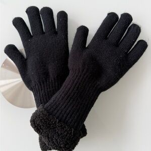 Woman’s Elegant Long Black Thick Knit Gloves Fleece Ends, One Size